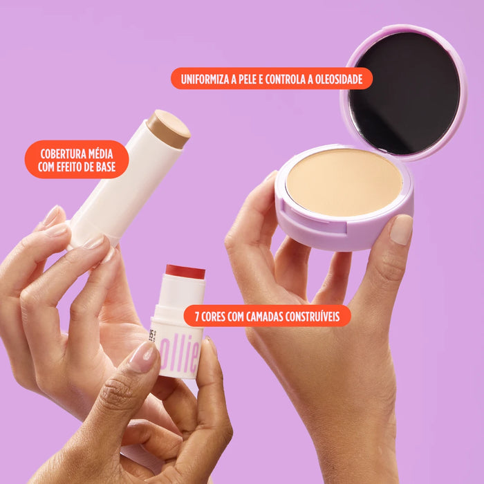 principais claims do trio make à prova de oleosidade ollie: make matte com alta proteção solar