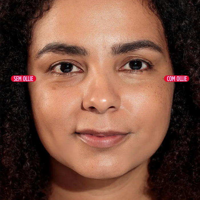 Demonstração comparativa de modelo que utilizou o creme para olhos antioxidante em apenas um lado do rosto. É notável o melhor aspecto a ausência de olheiras no lado em que o produto foi utilizado.