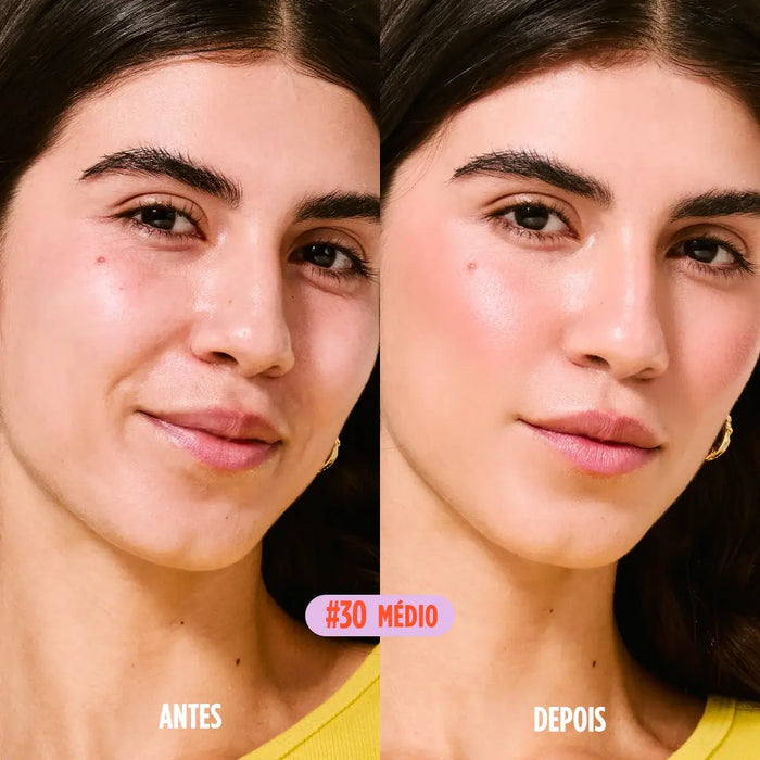 Comparação entre o antes e depois da aplicação do Protetor Solar em Bastão com cor da Ollie tonalidade 