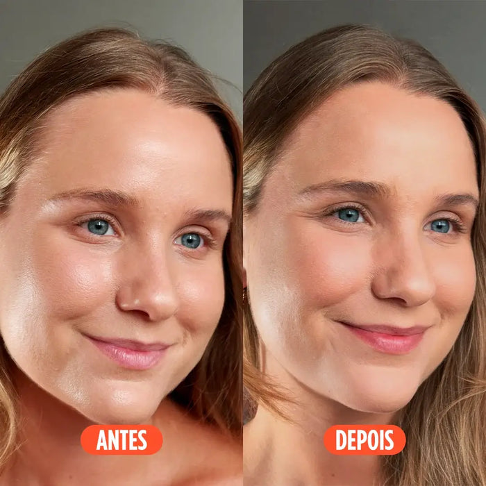 Comparação antes e depois do rosto da modelo perante a utilização do pó translúcido facial da Ollie.
