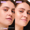 Comparação em rosto de Julia antes e após a aplicação do glow hidratante facial dourado da Ollie.