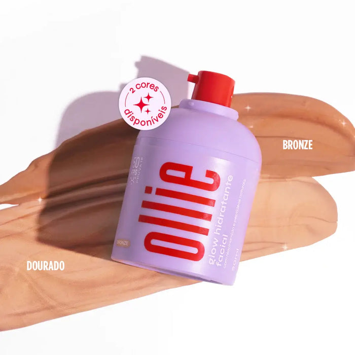 Embalagem de gllow hidratante facial FPS 50 da Ollie sob as duas variações do produto, bronze e dourado.