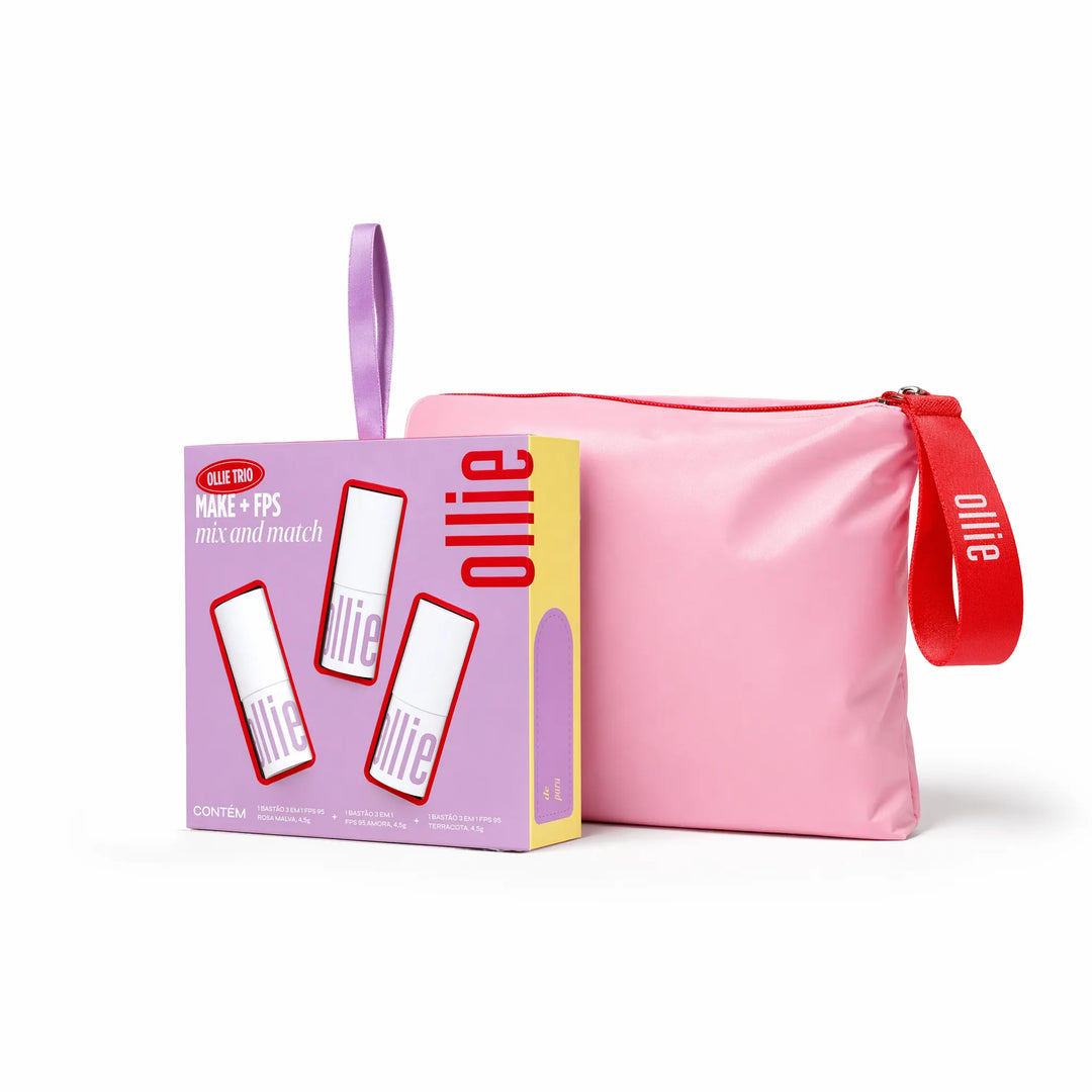 Kit Ollie Trio Make + FPS Mix and Match com 3 bastões coloridos e nécessaire rosa com alça vermelha