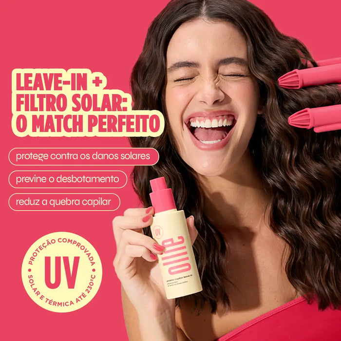protetor capilar leave-in ollie com proteção uv comprovada até 230°c, protege contra danos solares, previne o desbotamento e reduz a quebra capilar