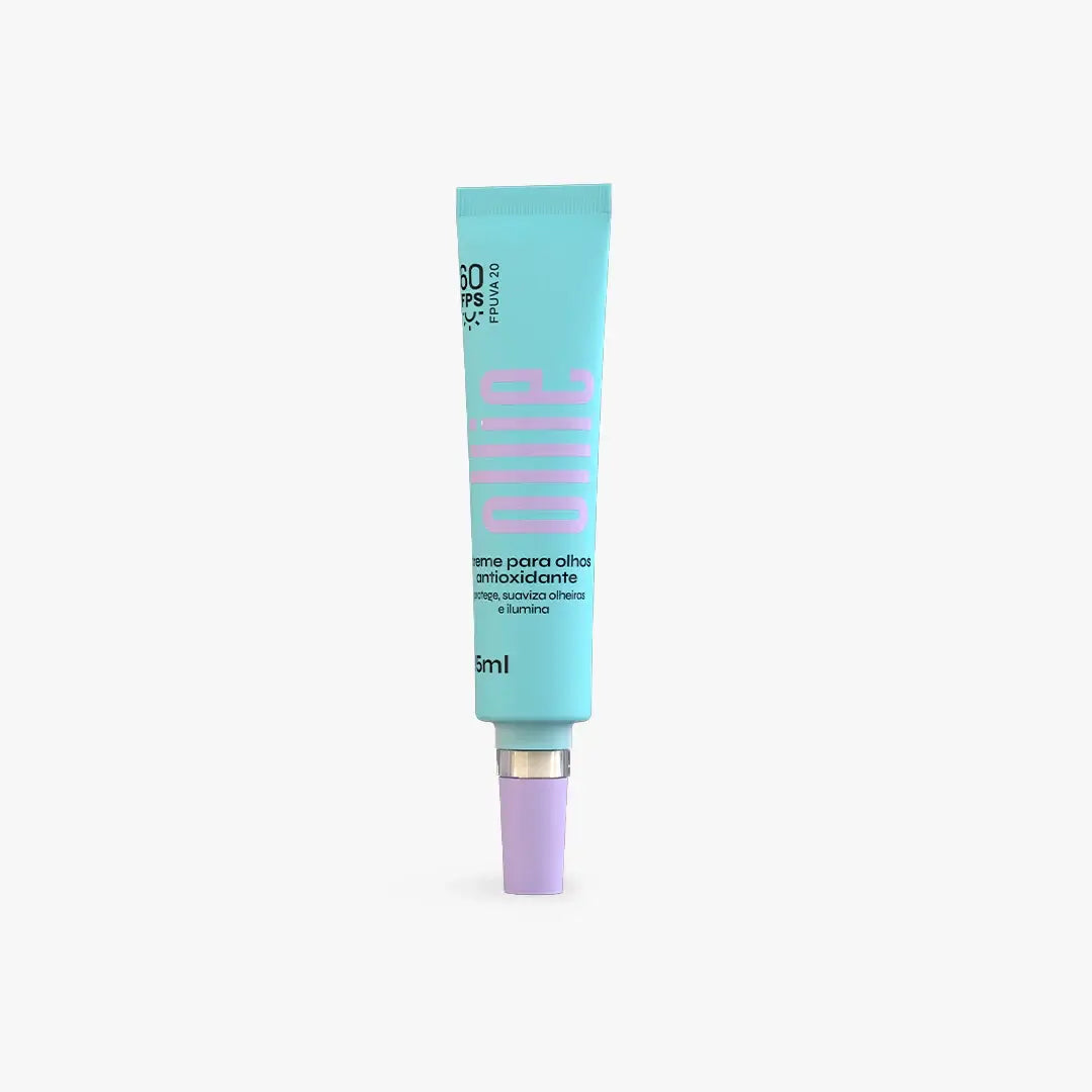 Creme ultrafluido para os olhos antioxidante da Ollie, FPS 60 e FPUVA 20 embalagem azul ciano com detalhes da cor lilás.